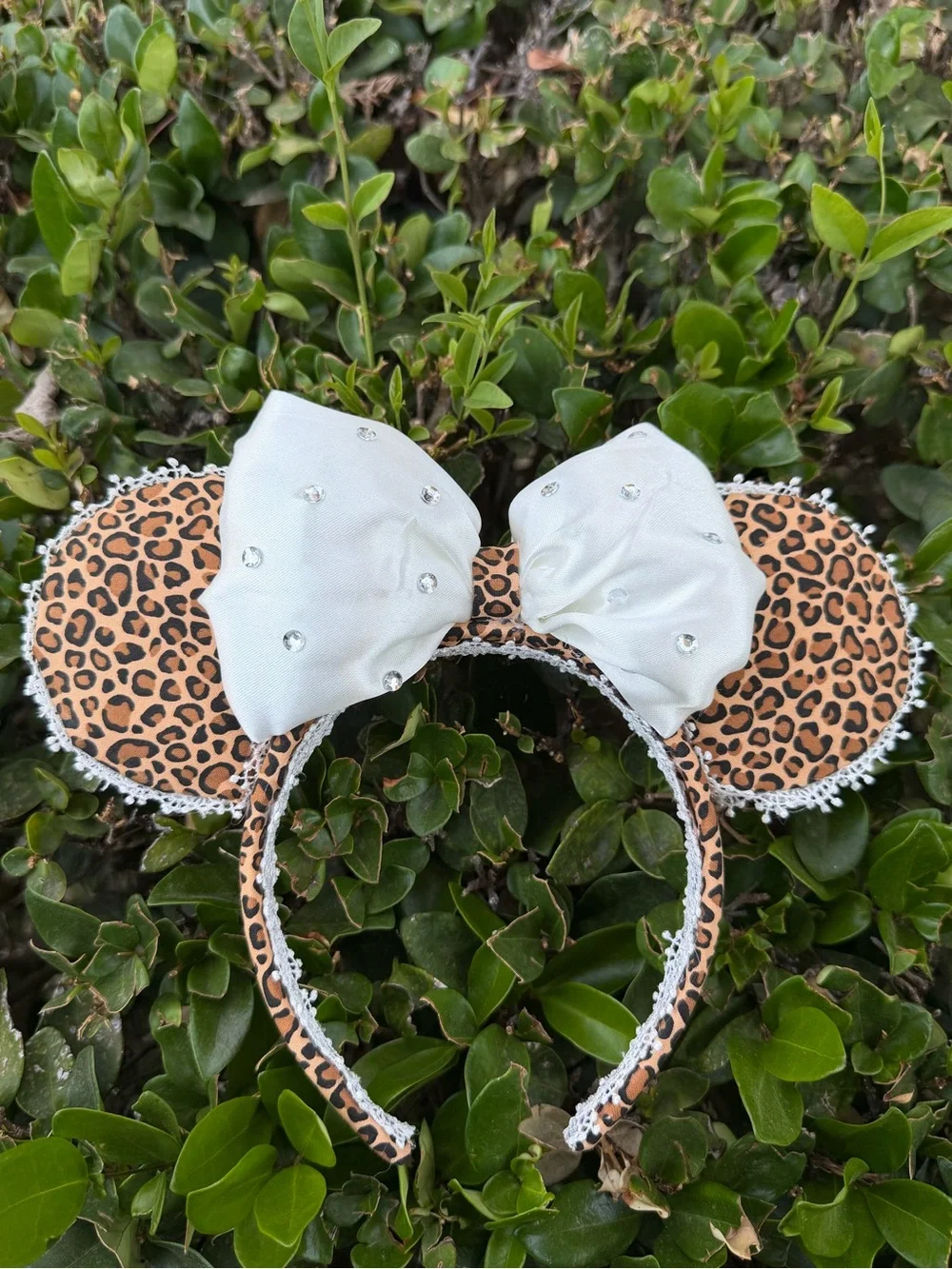 Disney Leopard Print Minnie Ears Headband with White Bow